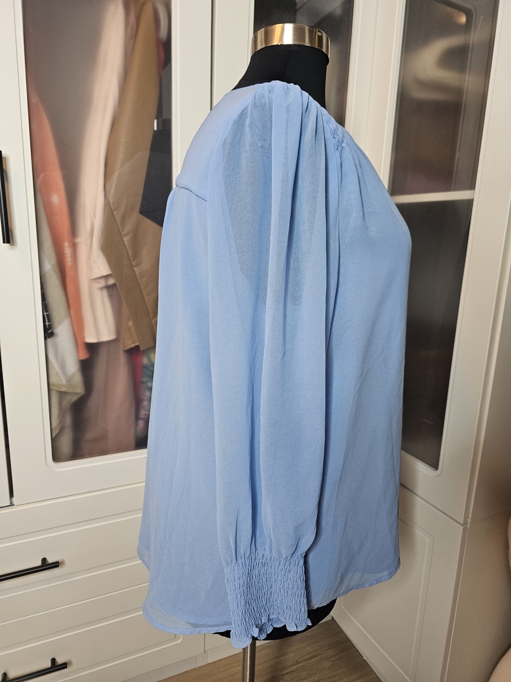 1. State Soft Blue Button-Front Smocked Blouse - Picture 2 of 8